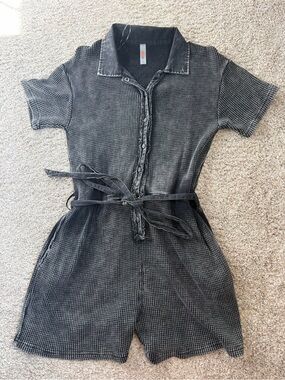 Mono B Washed Black Short Sleeve Button Romper